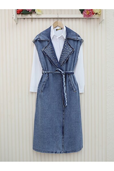 HİJABAYA Дънки жилетка с камъни отпред и колан