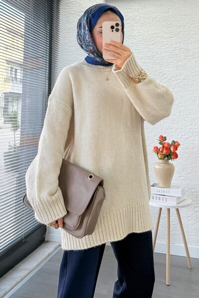 Miraydın Butik Women's Crew Neck Oversized Sweater - Stone