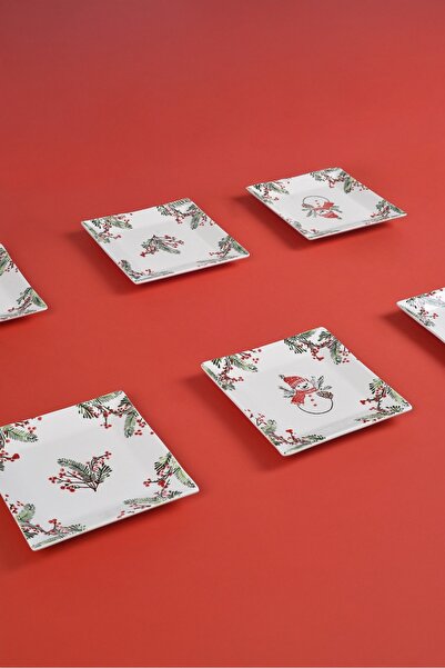 Piatti Naturali 6-Piece Christmas Snowman 23 cm Serving Plate Set Cake Presentation Breakfast Plate Set Handmade Gift
