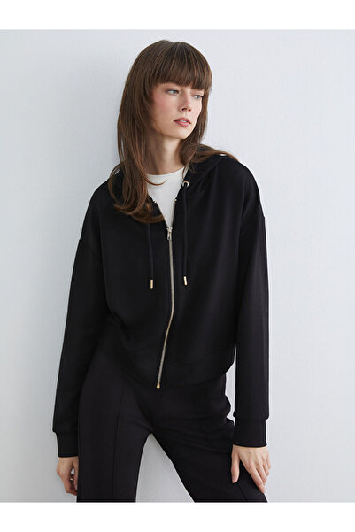 LC Waikiki   Black Hooded Women's Zippered Sweatshirt