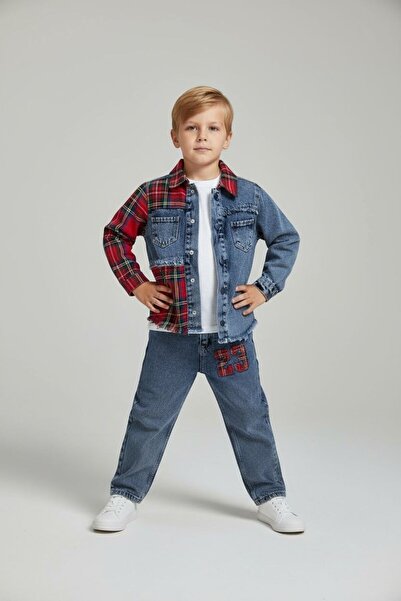 RONYPONY Set de blugi pentru băieți, jachetă în carouri și pantaloni din denim