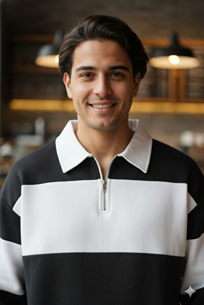 Modaikon سترة رياضية بياقة بولو وسحاب نصفي بلونين أسود وأبيض