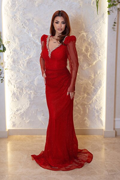 Hard Couture Long evening dress with transparent sleeves and jewel neckline – Royal Glam Dress