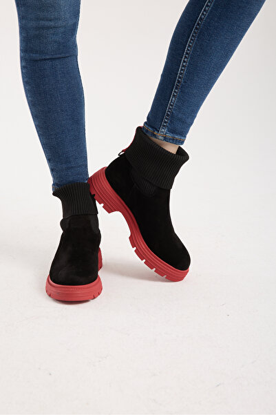 Jande Kadın Siyah Süet Çorap Detaylı Kırmızı Taban Bot – Kalın Taban Günlük v...