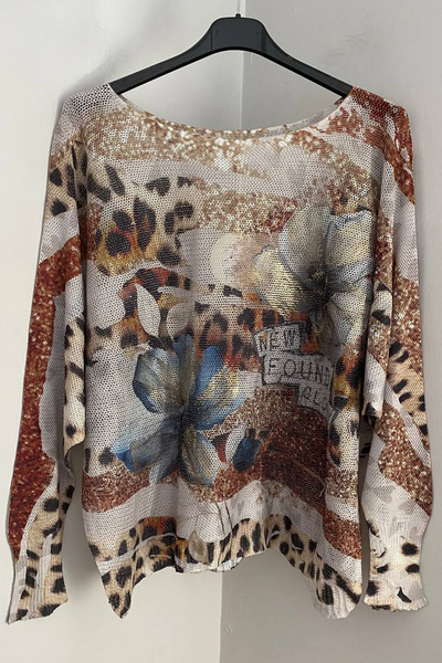 AYASOFYA OTANTIK Women's Italian Beige Gilded Batik Stripe Patterned Batwing Sleeve Mercerized Blouse Sweater