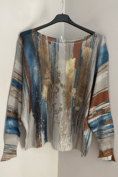 AYASOFYA OTANTIK Women's Italian Light Brown Gilded Batik Stripe Patterned Batwing Sleeve Mercerized Blouse Sweater