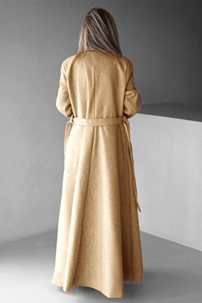 FashionForYou Long coat with Merina buttons, pleats and drawstring, Cream, Size S/M