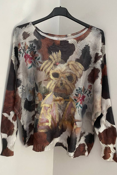 AYASOFYA OTANTIK Women's Italian Beige Gilded Fino Patterned Batwing Sleeve Mercerized Blouse Sweater