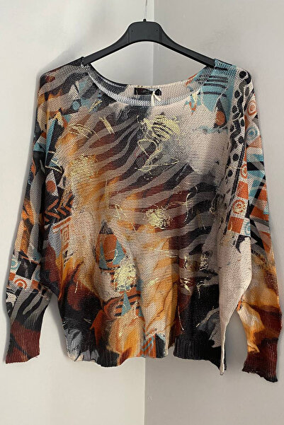 AYASOFYA OTANTIK Women's Italian Mint Foil Tiger Stripe Geometric Pattern Batwing Sleeve Mercerized Blouse Sweater