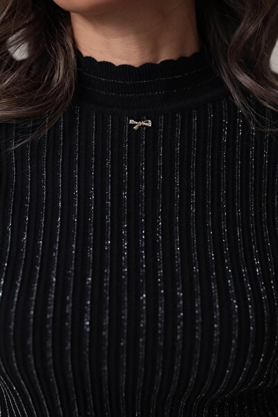 Sadık Collection Women's Glittery Corded Fabric Knitwear Blouse with Bow Accessory 0249