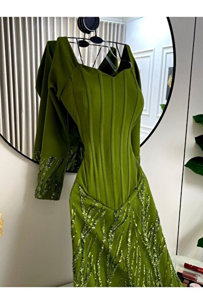 Thara Luxurious olive green evening dress
