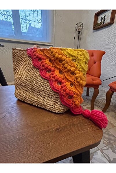 Patiska Tasarım Crochet Paper String Bag Vibrant Color Cotton Detailed Faux Leather Based Tote