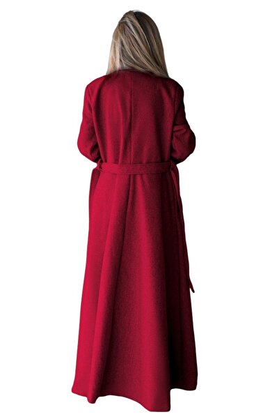 FashionForYou Long coat with Merina buttons, pleats and drawstring, Red, Size S/M