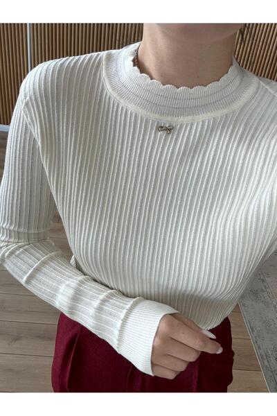 Sadık Collection Women's Glittery Corded Fabric Knitwear Blouse with Bow Accessory 0249