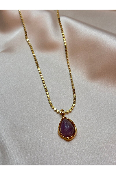 sheyajewellery Kadın Ametist Görünümlü Taş Yuvarlak Zincir Gold Kolye