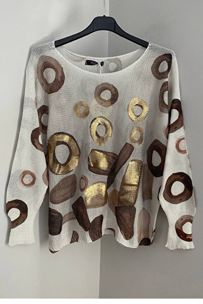 AYASOFYA OTANTIK Women's Italian Brown Foil Ring Patterned Batwing Sleeve Mercerized Blouse Sweater