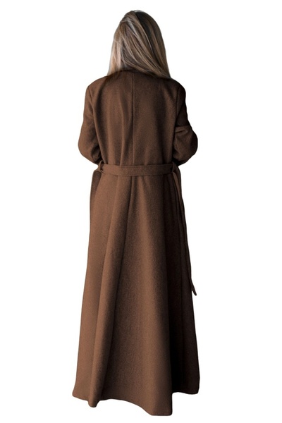 FashionForYou Long coat with Merina buttons, pleats and drawstring, Brown, Size S/M