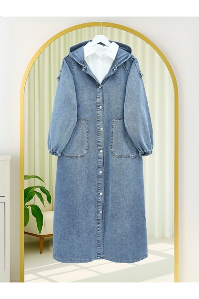 HİJABAYA Önü Düğmeli Kapşonlu Apolet Detaylı Cepli Kot Kap