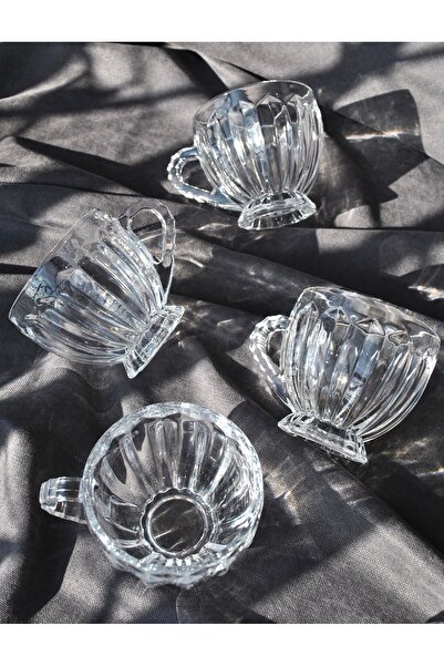 Qualitev Set of 6 Glass Tea Cups with Handles and Feet, 205 ml - Coral