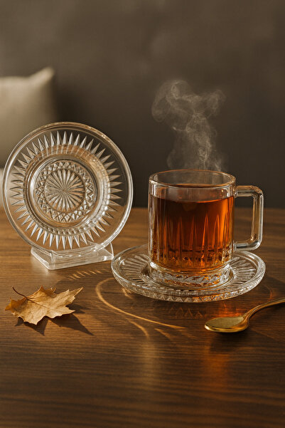 Gülümseten Avm 12-Piece Crystal Patterned Glass and Saucer Set with Handles, Stylish Tea and Coffee Presentation Set