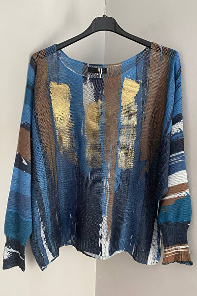 AYASOFYA OTANTIK Women's Italian Blue Gilded Batik Stripe Patterned Batwing Sleeve Mercerized Blouse Sweater
