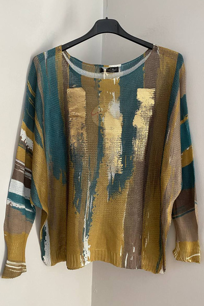 AYASOFYA OTANTIK Women's Italian Oil Green Gilded Batik Stripe Patterned Batwing Sleeve Mercerized Blouse Sweater