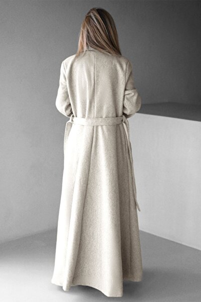 FashionForYou Long coat with Merina buttons, pleats and drawstring, White, Size S/M