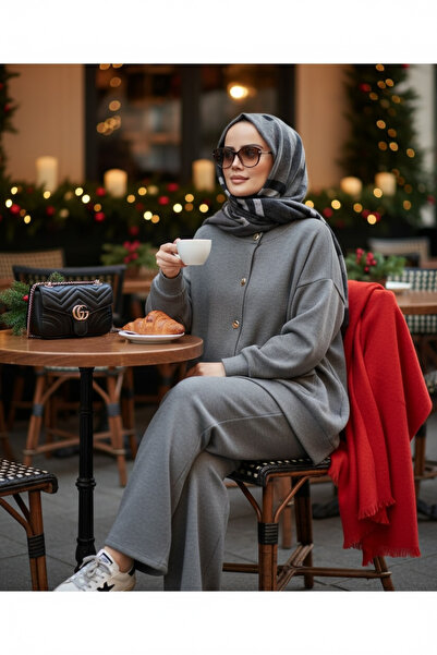 Aselim Hijap Moda Oslo Thessaloniki Fabric Cardigan Double Suit – O Oversized Pattern – Winter Hijab Suit Gray