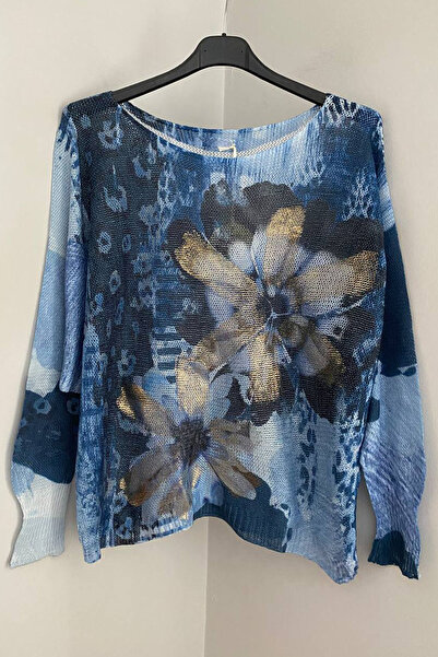 AYASOFYA OTANTIK Жіноча італійська синя батикова блузка з крижаним рукавом і крижаним візерунком з хризантемами