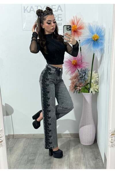 KATYDEA STORE Jeans WideLeg with lace and crystals LUXE