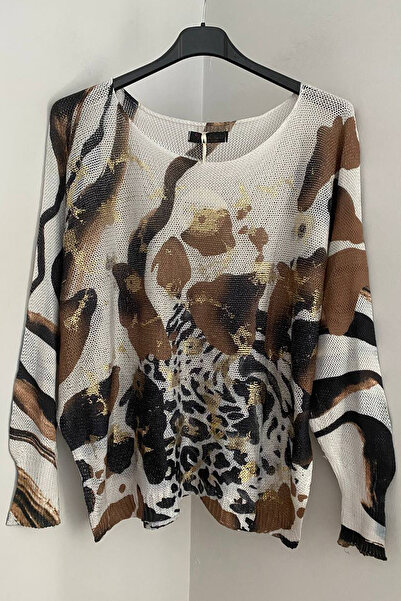 AYASOFYA OTANTIK Women's Italian Beige Glitter Leopard Wave Pattern Batwing Sleeve Mercerized Blouse Sweater