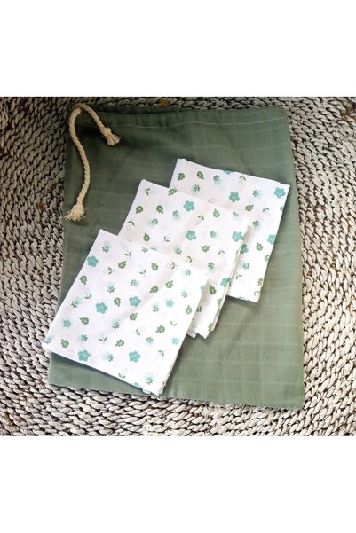 PİTİPİTİ Ev Tekstili ve Dekorasyon Çağla Yeşili Muslin Multi-Purpose Pouch and Mouth Wipes 4 Pieces