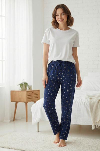 Elemge 100% Cotton Patterned Women's Pajama Bottoms Interlock Fabric Comfortable Fit Indigo Pocketless Ribbon Star Print