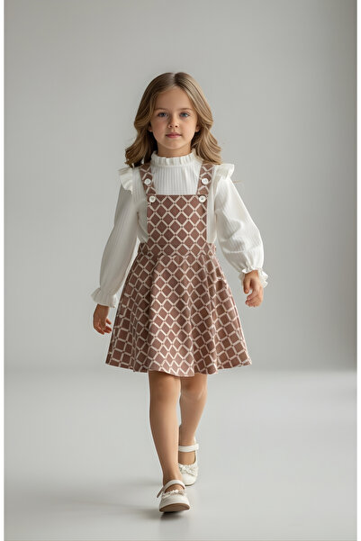 FESSHERA KİDS Girl's Baklava Pattern Salopet Jile and Corded Fabric Blouse Set - Ruffled 2-Piece Bottom Top Set