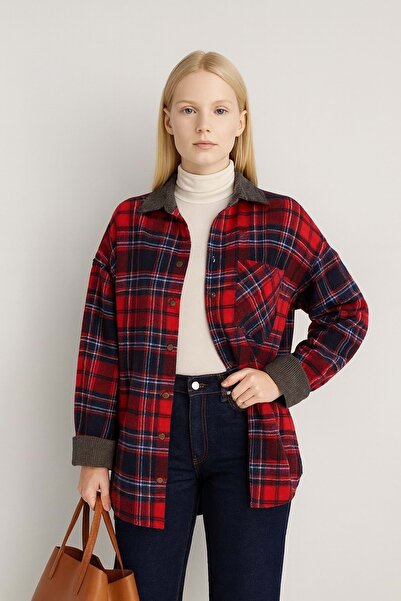 ibeeka Plaid Red Color Collar Detail Bronze Buttoned Lumberjack Shirt
