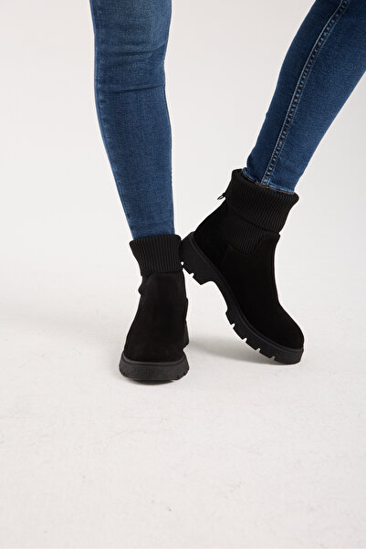 Jande Kadın Siyah Süet Çorap Detaylı Kalın Taban Bot – Günlük ve Kışlık Bot H...