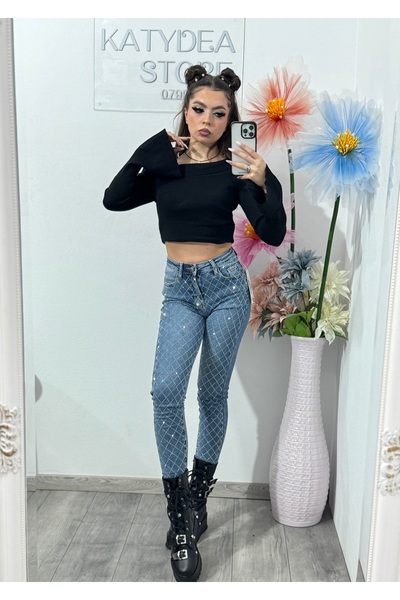 KATYDEA STORE Blue skinny jeans with stamped crystals DANY