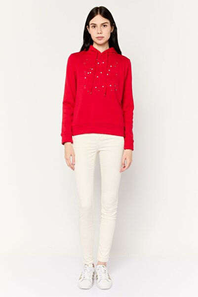 Buzz Women Hooded Long Sleeves Emboss Sweatshirt, Red