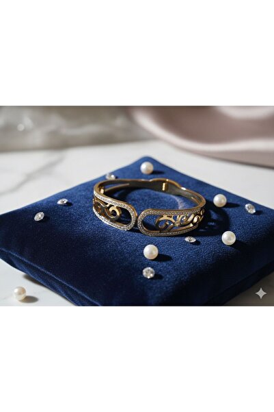 stainless steell Özel Tasarım Zirkon Taşlı Gold Kelepçe Bileklik