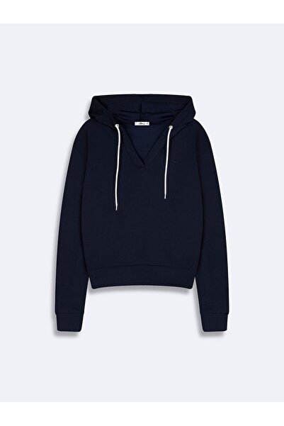 Ltb Basic V-Neck Hooded Navy Blue Sweatshirt