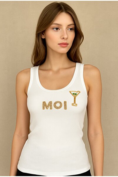 ARDSU Bluză de damă, albă, cu bretele groase, cu imprimeu perle și pietre, 10...