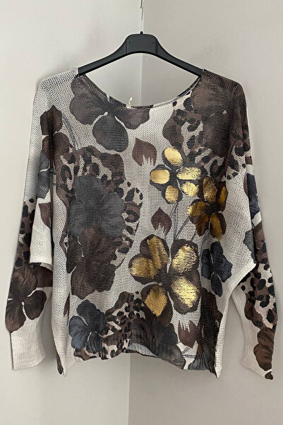 AYASOFYA OTANTIK Γυναικείο πουλόβερ με μοτίβο λουλουδιών με φλοράλ σχέδιο, με μανίκια νυχτερίδας, μερσεριζέ πουλόβερ