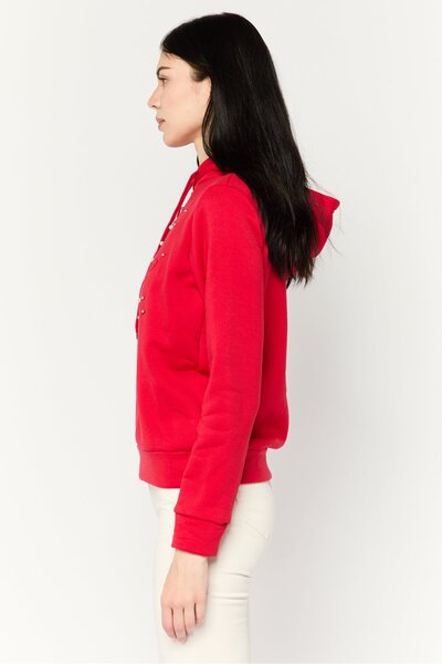 Buzz Women Hooded Long Sleeves Emboss Sweatshirt, Red