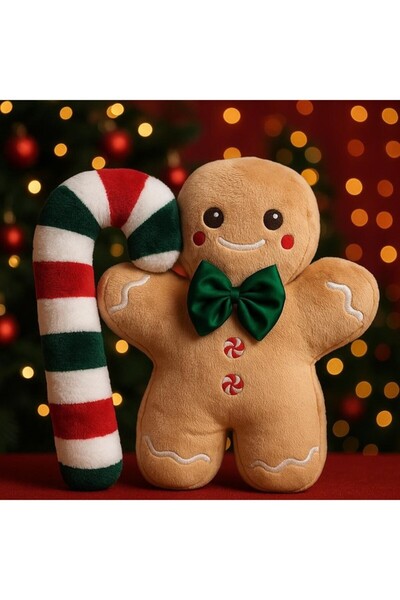 TRUST STORE Sevimli Kurabiye Adam Peluş 40 cm ve Baston Şeker Yastık Peluş 45 cm Yılbaşı Dekorasyon