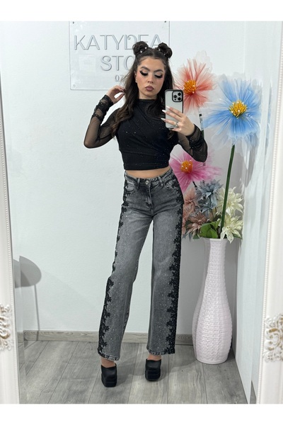 KATYDEA STORE Jeans WideLeg with lace and crystals LUXE
