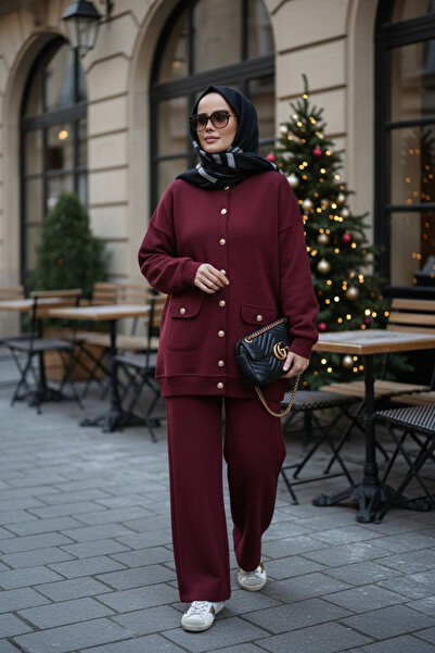 Aselim Hijap Moda Oslo Thessaloniki Fabric Cardigan Double Suit – O Oversized Mold – Winter Hijab Suit Burgundy