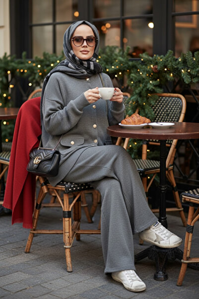 Aselim Hijap Moda Oslo Thessaloniki Fabric Cardigan Double Suit – O Oversized Pattern – Winter Hijab Suit Gray