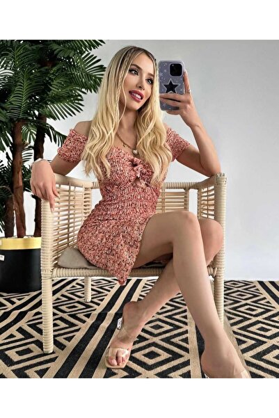 MİSSCİXFASHİON Kadın Omzu Açık Fırfırlı Desenli Mini Elbise