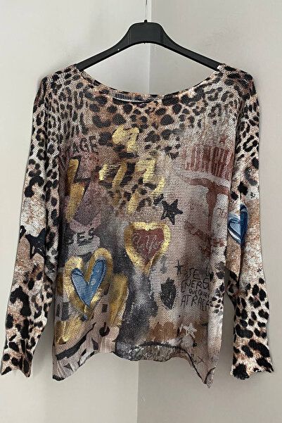 AYASOFYA OTANTIK Women's Italian Beige Foiled Heart Lettering Leopard Print Batwing Sleeve Mercerized Blouse Sweater