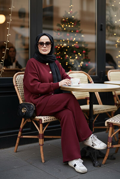 Aselim Hijap Moda Oslo Thessaloniki Fabric Cardigan Double Suit – O Oversized Mold – Winter Hijab Suit Burgundy